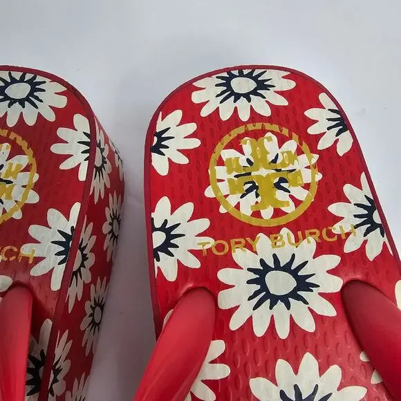 Tory Burch Red Flower Print Wedge Heel Flip Flop Sandals Women's Size Unmarked - Picture 5 of 12